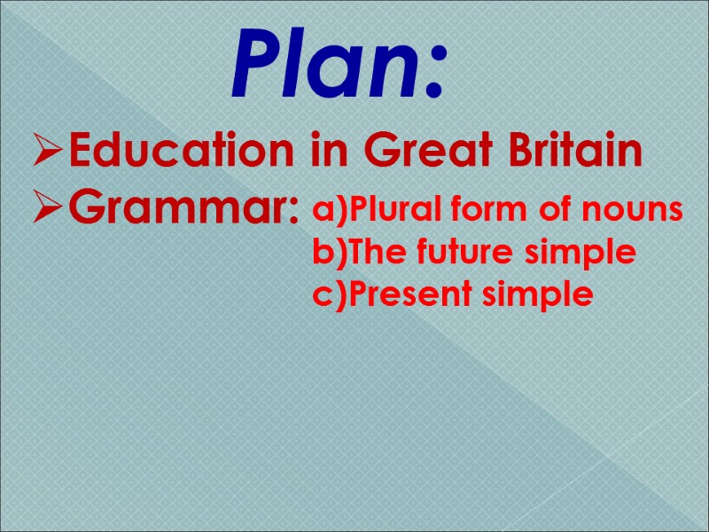 Plan:  Education in Great Britain Grammar: Plural form of nouns The future simple